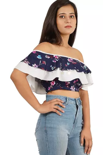 Blue off shoulder ruffle top