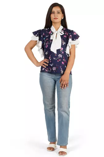 Blue & white ruffle sleeve top