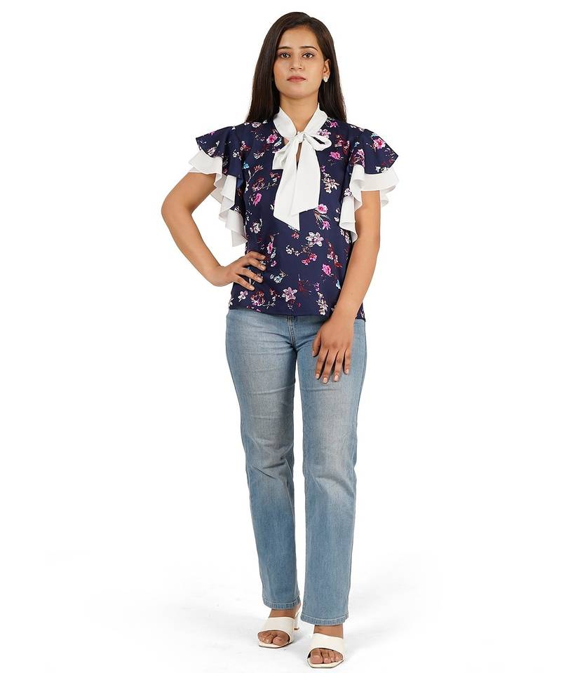 Blue & white ruffle sleeve top