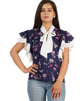 Blue & white ruffle sleeve top 2