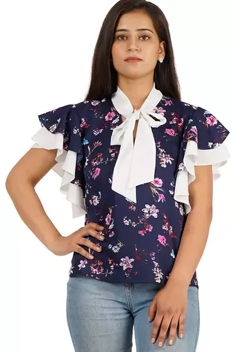 Blue & white ruffle sleeve top