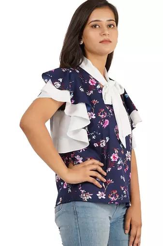 Blue & white ruffle sleeve top