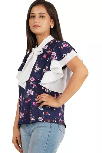 Blue & white ruffle sleeve top