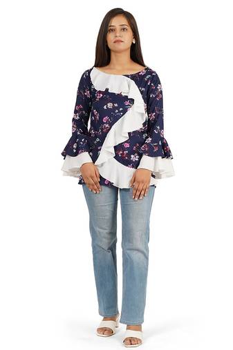 Blue & white full sleeve ruffle top