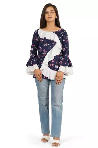 Blue & white full sleeve ruffle top