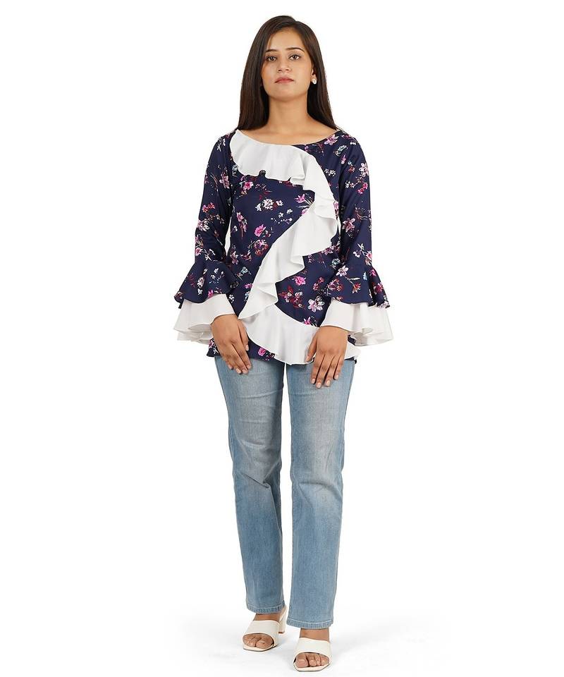 Blue & white full sleeve ruffle top