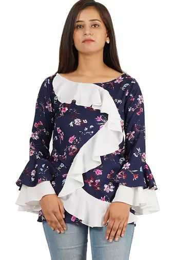 Blue & white full sleeve ruffle top