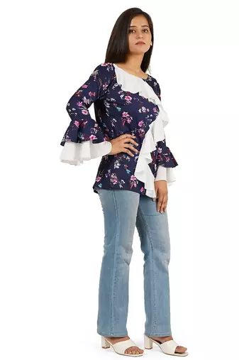 Blue & white full sleeve ruffle top