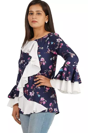Blue & white full sleeve ruffle top