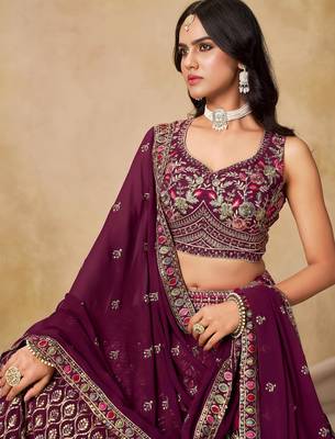maroon zari embroidered georgette lehenga set choli with dupatta 5