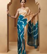 Beige-Turquoise Tabby Silk Hand Dyed Leheriya Saree