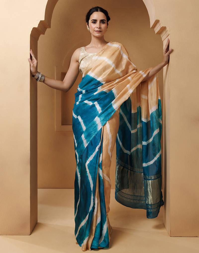 Beige-Turquoise Tabby Silk Hand Dyed Leheriya Saree