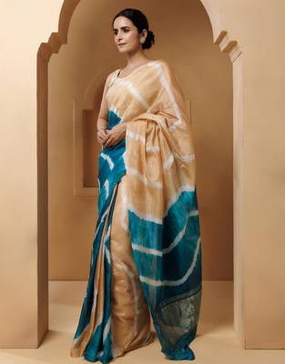 Beige-Turquoise Tabby Silk Hand Dyed Leheriya Saree 2