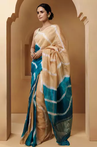Beige-Turquoise Tabby Silk Hand Dyed Leheriya Saree
