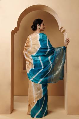 Beige-Turquoise Tabby Silk Hand Dyed Leheriya Saree 3
