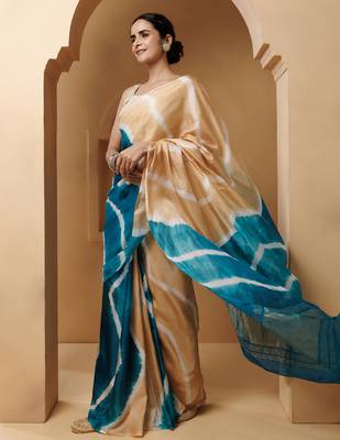 Beige-Turquoise Tabby Silk Hand Dyed Leheriya Saree 4