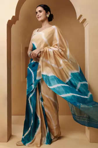 Beige-Turquoise Tabby Silk Hand Dyed Leheriya Saree