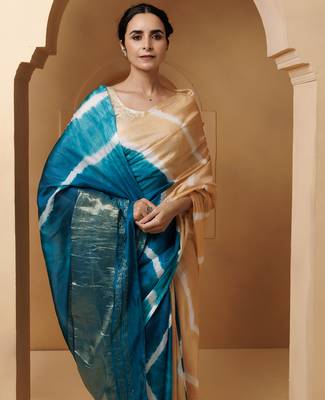 Beige-Turquoise Tabby Silk Hand Dyed Leheriya Saree 5