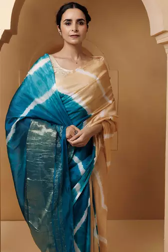 Beige-Turquoise Tabby Silk Hand Dyed Leheriya Saree