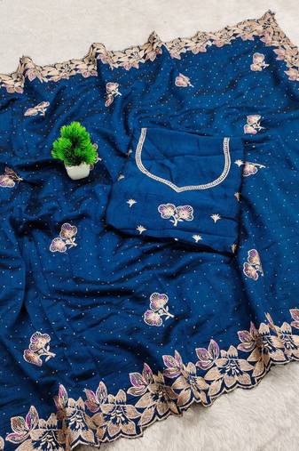 BlueColor embroidery work Silk Sree
