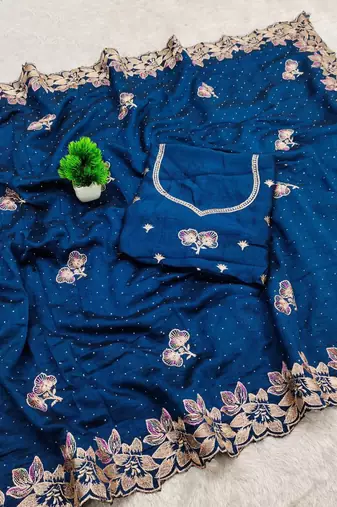 BlueColor embroidery work Silk Sree