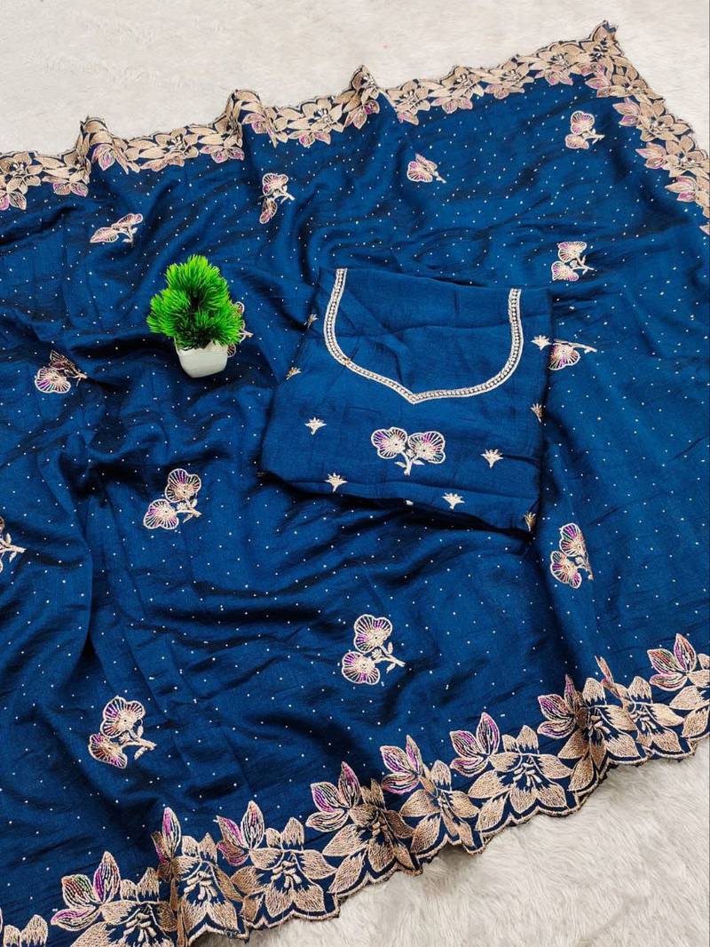 BlueColor embroidery work Silk Sree
