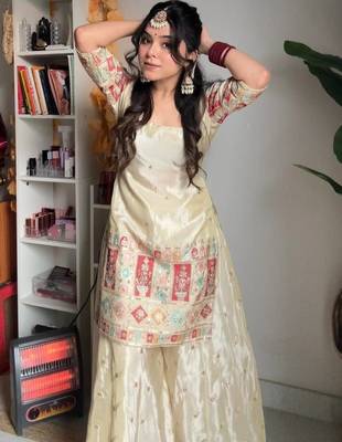 Cream chinon silk heavy thread embroidery work kurta with palazzo set 1
