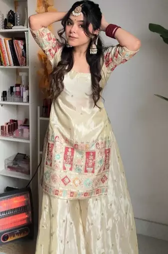 Cream chinon silk heavy thread embroidery work kurta with palazzo set