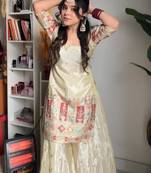 Cream chinon silk heavy thread embroidery work kurta with palazzo set