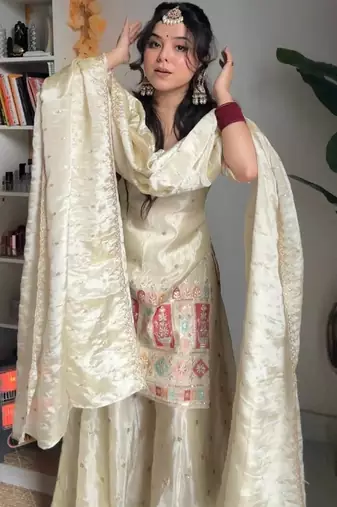 Cream chinon silk heavy thread embroidery work kurta with palazzo set