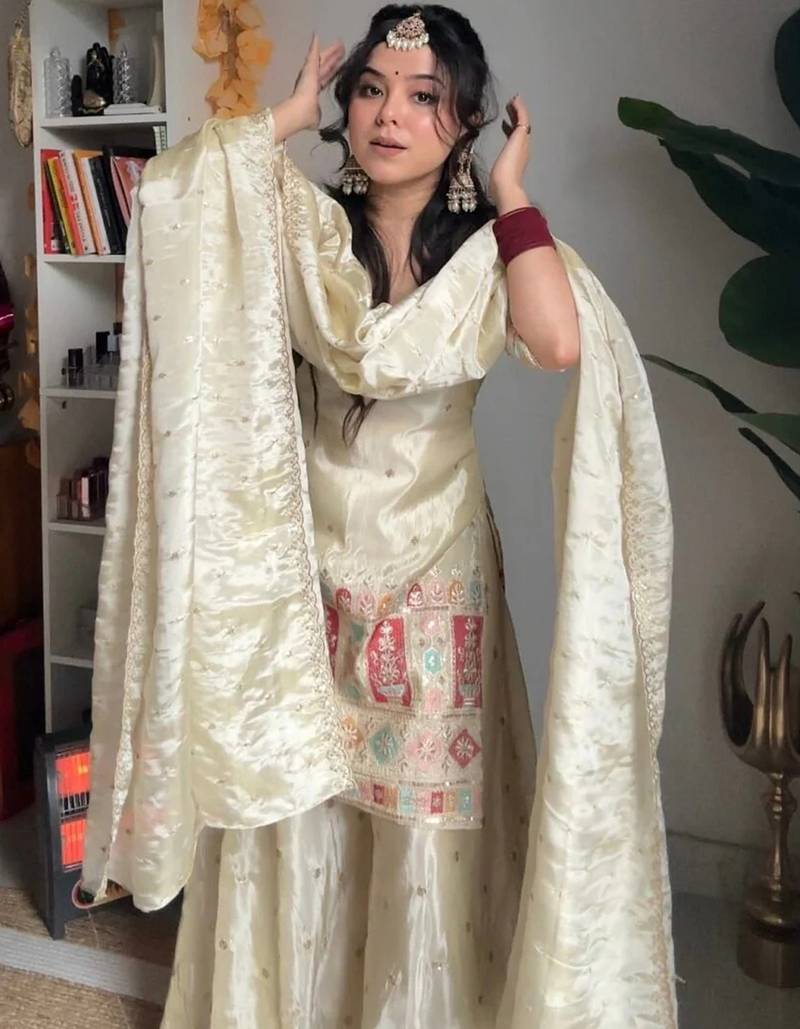 Cream chinon silk heavy thread embroidery work kurta with palazzo set