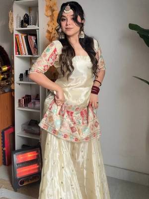Cream chinon silk heavy thread embroidery work kurta with palazzo set 3