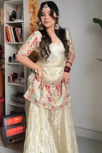 Cream chinon silk heavy thread embroidery work kurta with palazzo set
