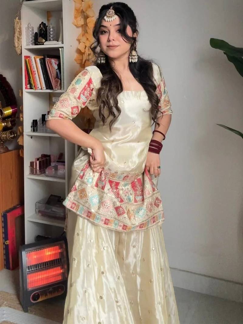 Cream chinon silk heavy thread embroidery work kurta with palazzo set