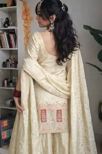 Cream chinon silk heavy thread embroidery work kurta with palazzo set