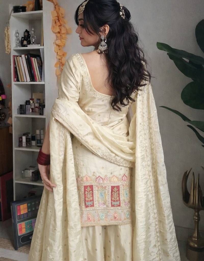 Cream chinon silk heavy thread embroidery work kurta with palazzo set