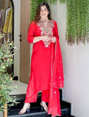 Red viscose shimmer heavy thread embroidery work kurta pant set 1