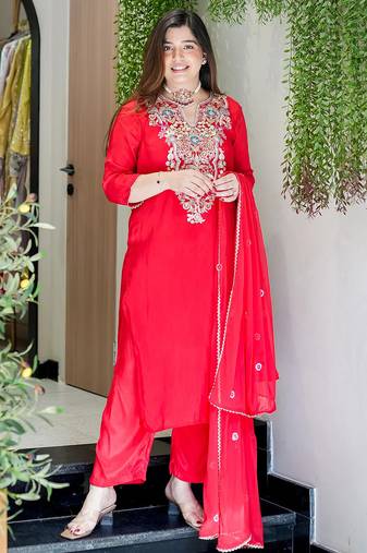 Red viscose shimmer heavy thread embroidery work kurta pant set