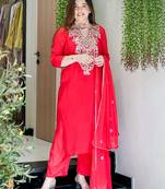 Red viscose shimmer heavy thread embroidery work kurta pant set