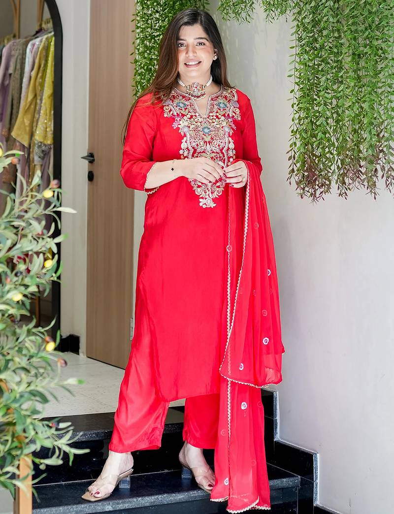Red viscose shimmer heavy thread embroidery work kurta pant set