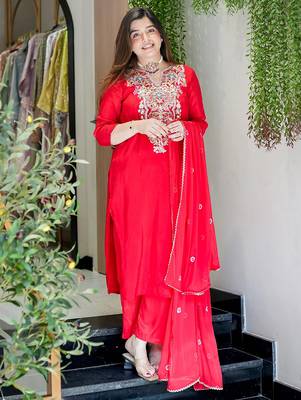 Red viscose shimmer heavy thread embroidery work kurta pant set 2