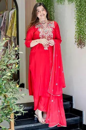 Red viscose shimmer heavy thread embroidery work kurta pant set