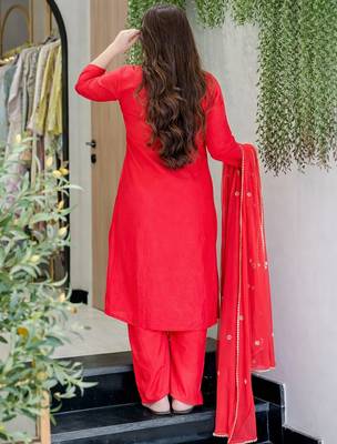 Red viscose shimmer heavy thread embroidery work kurta pant set 3