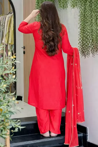 Red viscose shimmer heavy thread embroidery work kurta pant set