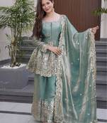 Teal green fandy silk heavy thread embroidery work kurta with sharara set