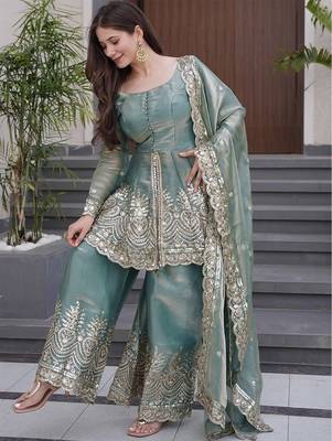 Teal green fandy silk heavy thread embroidery work kurta with sharara set 2