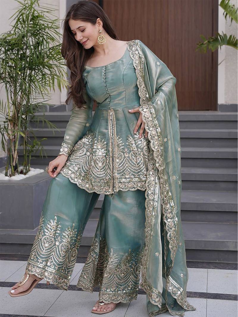 Teal green fandy silk heavy thread embroidery work kurta with sharara set