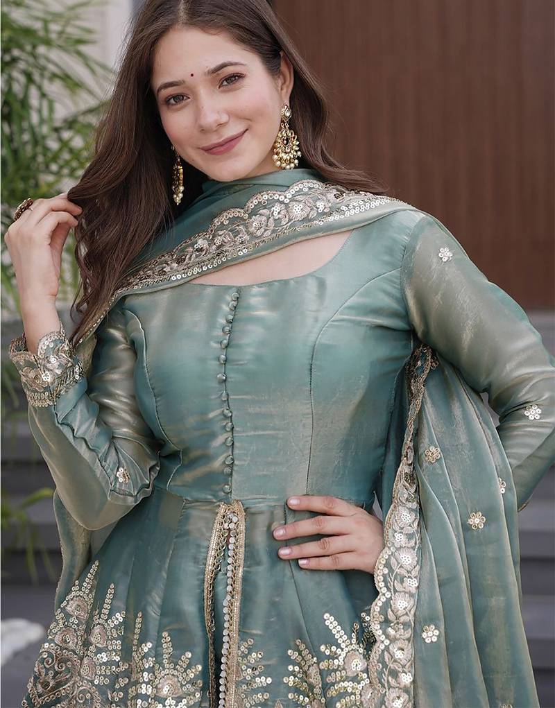 Teal green fandy silk heavy thread embroidery work kurta with sharara set