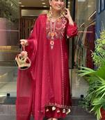 Maroon p.v chanderi heavy thread embroidery work kurta pant set