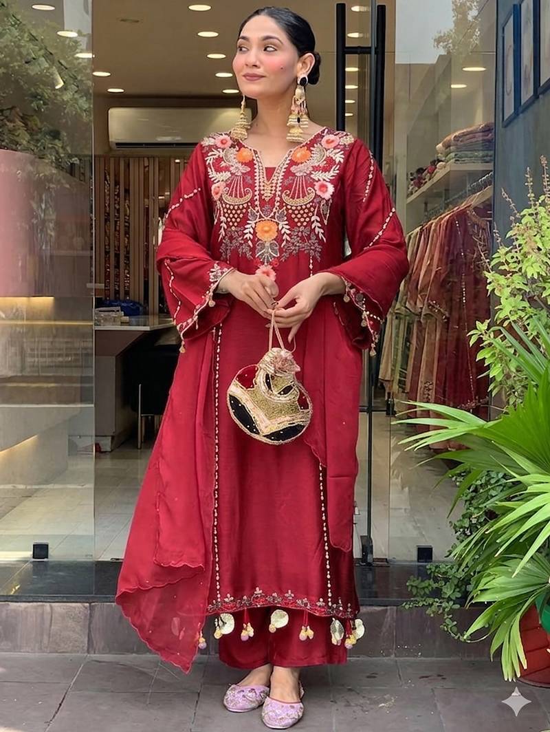 Maroon p.v chanderi heavy thread embroidery work kurta pant set